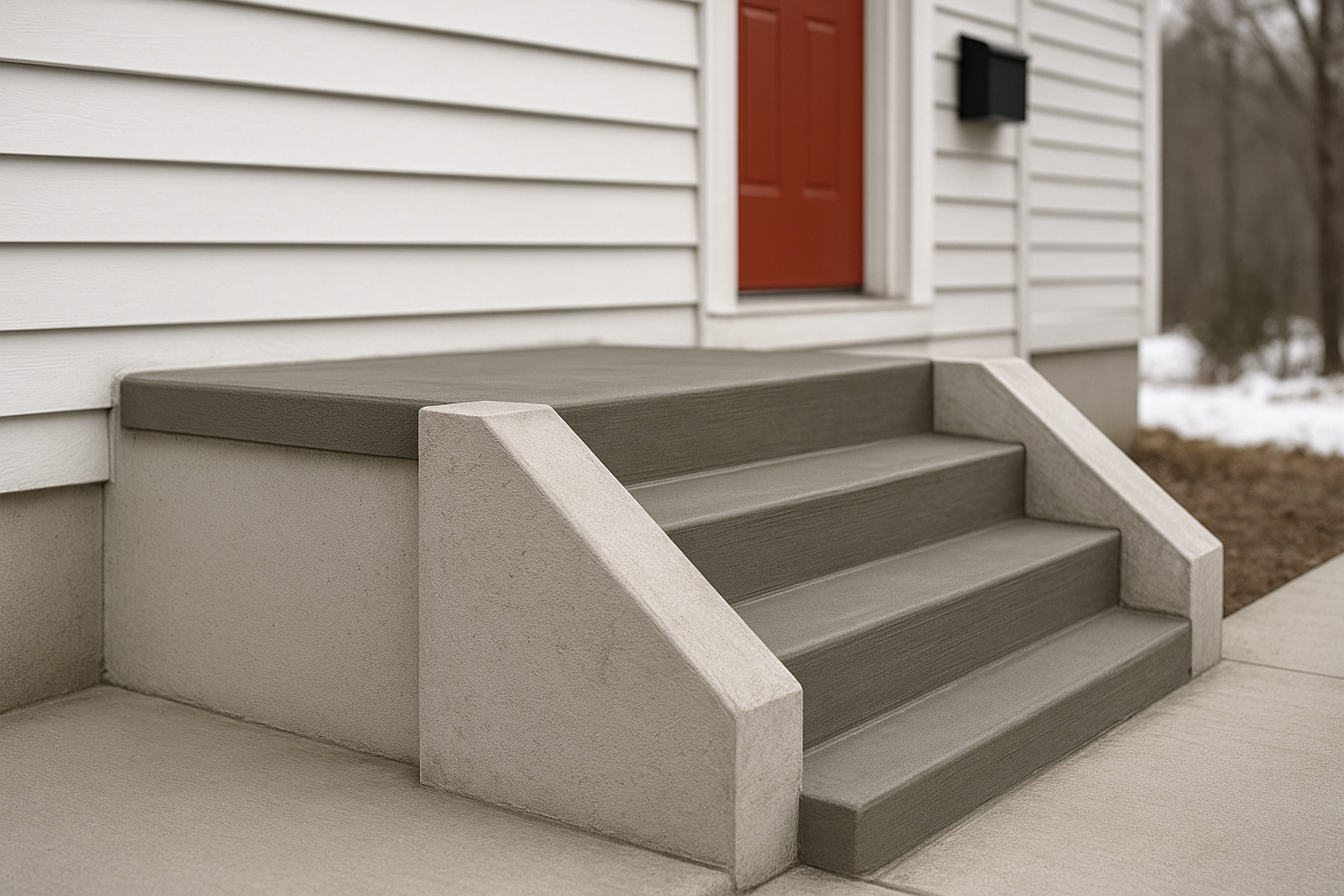 Concrete steps leading to a red door, showcasing a modern design and smooth finish, emphasizing masonry repair and restoration services.