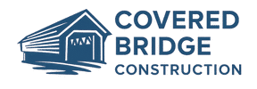 Covered Bridge Outdoor Construction Corp logo featuring a stylized covered bridge and the text "COVERED BRIDGE CONSTRUCTION" in blue.