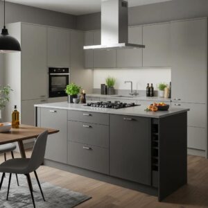 A contemporary kitchen featuring sleek cabinetry and integrated smart appliances, highlighting modern design excellence